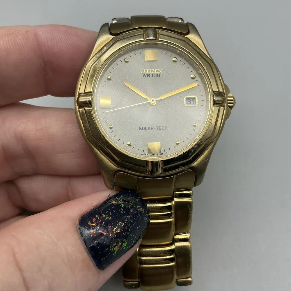 Citizen Eco-Drive Solar-Tech WR 100 Mens Watch 36mm Gold Tone Date 7.25